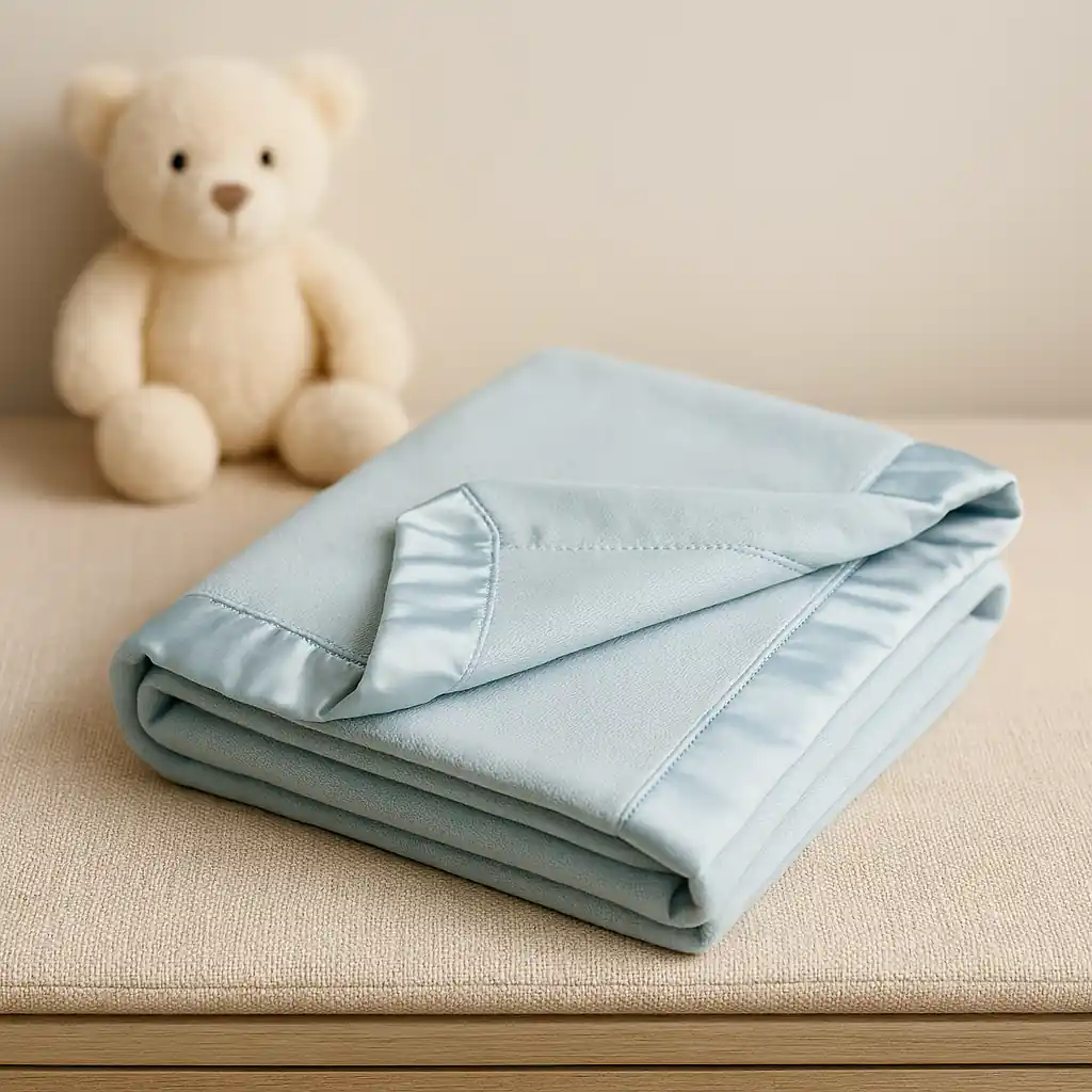 Personalized satin baby blanket in blue, embroidered keepsake gift for employees welcoming a new baby.